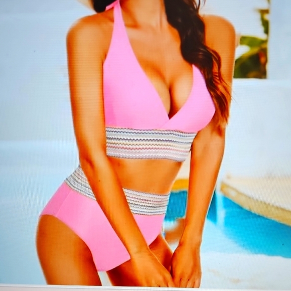 NWT Evolyline Colorblock High Waisted Scoop Neck Bikini 2 Piece Set Pink XL - Picture 1 of 13